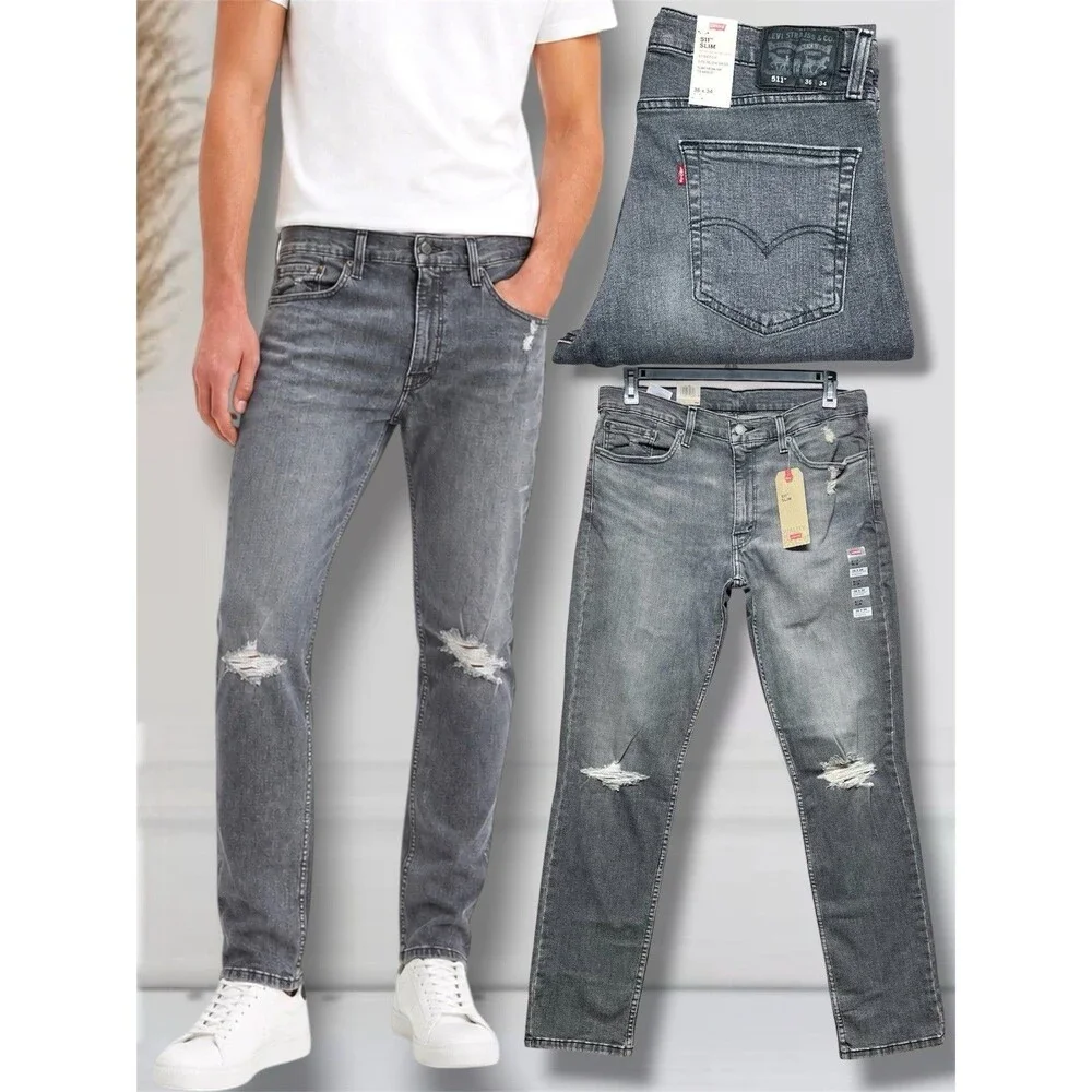 Levi’s 511 Slim Fit Distressed Men’s W36 L34 Grey Comfort Stretch Denim Jeans